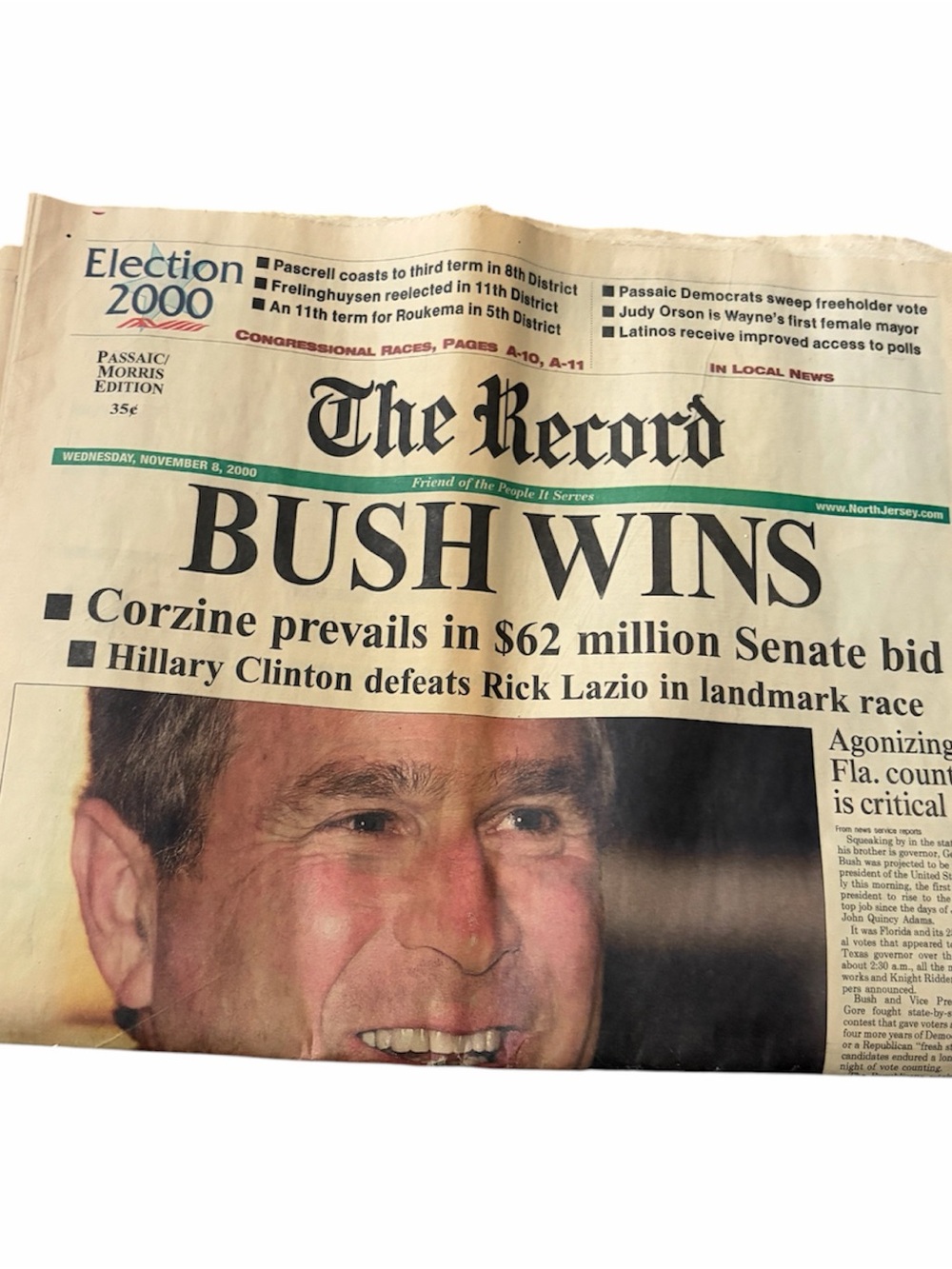 2000 Election Bush Gore The Record North New Jersey Front Page Newspaper Paper